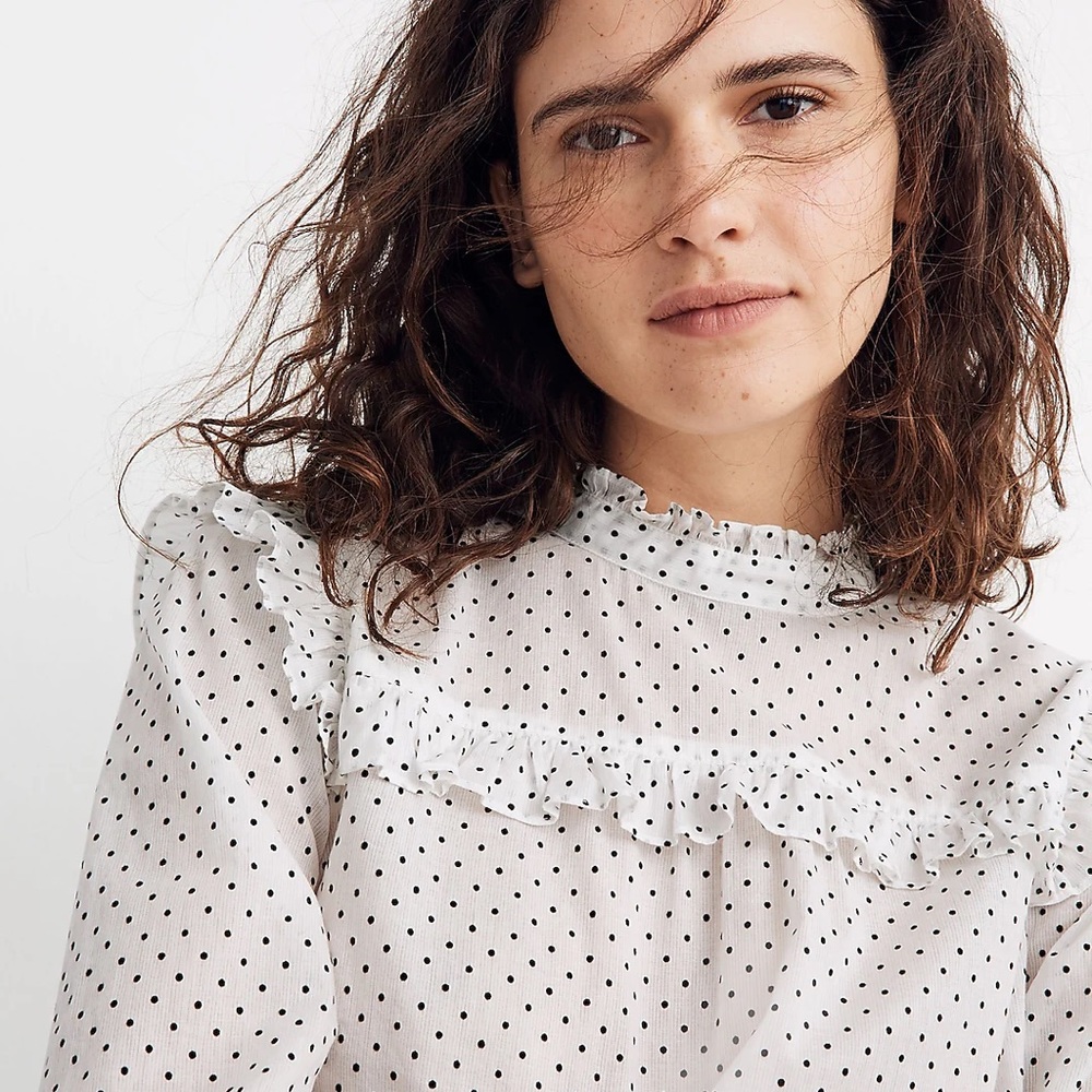 Madewell Mockneck Ruffle Top in Flocked Dot AD657